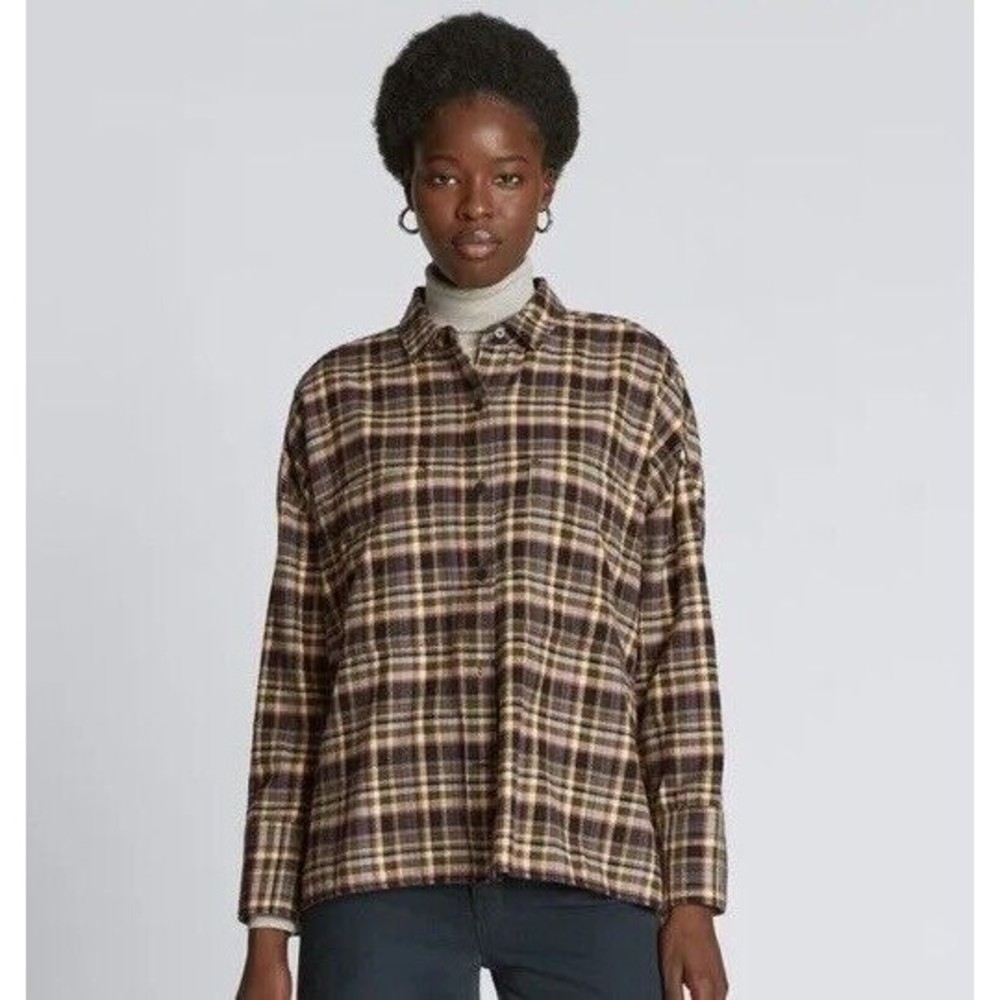 NWT Everlane Button Down Brown Plaid Boxy Flannel Size Small